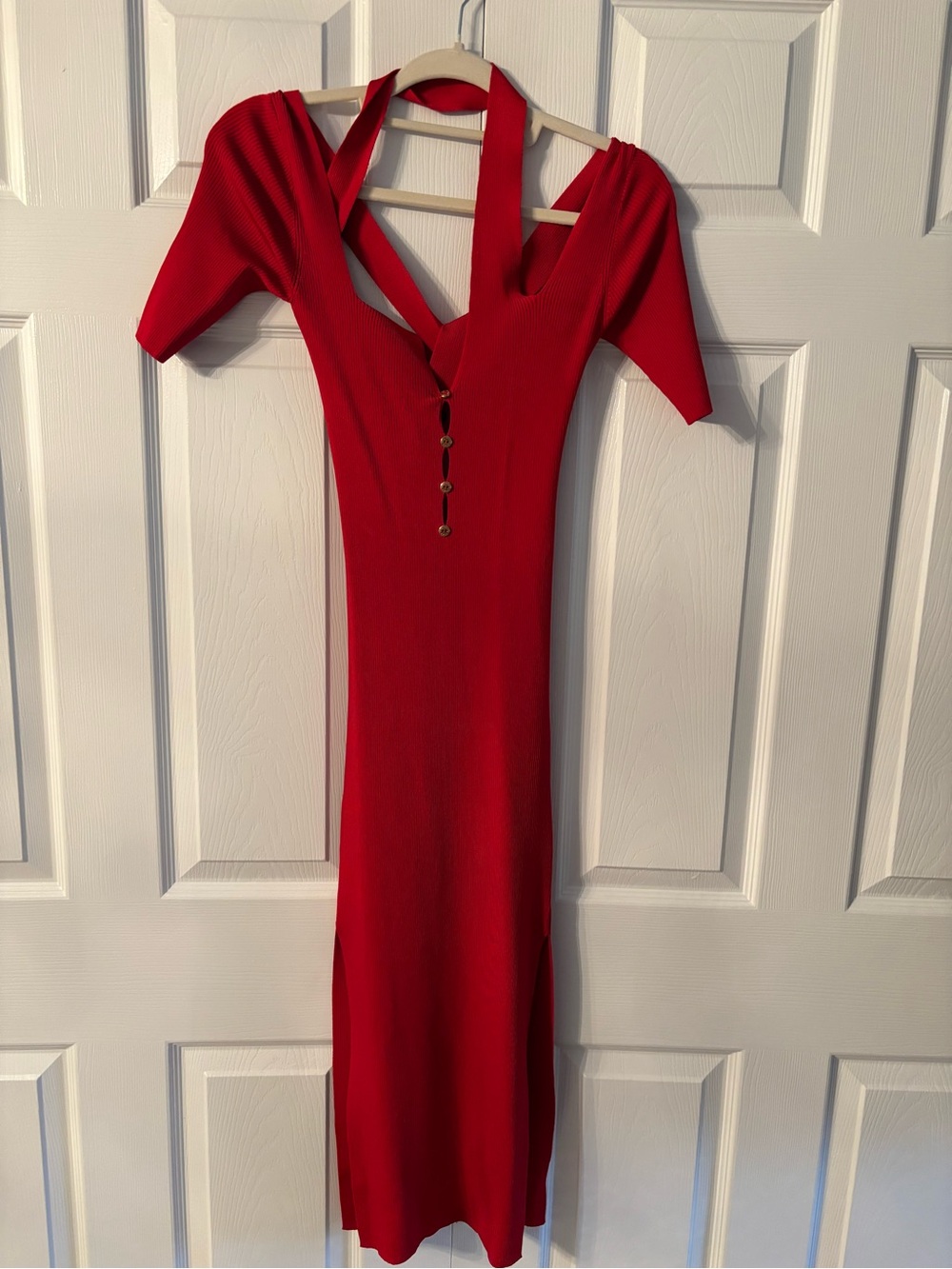 Red V-Neck Midi Dress with Button-Front Detail